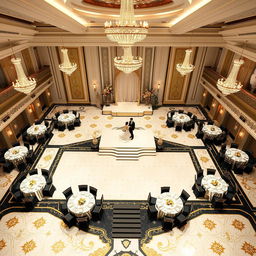 A luxurious wedding hall measuring 24 meters wide, 16 meters long, and 5 meters high, featuring an elegant patterned floor with a striking combination of white, black, and gold