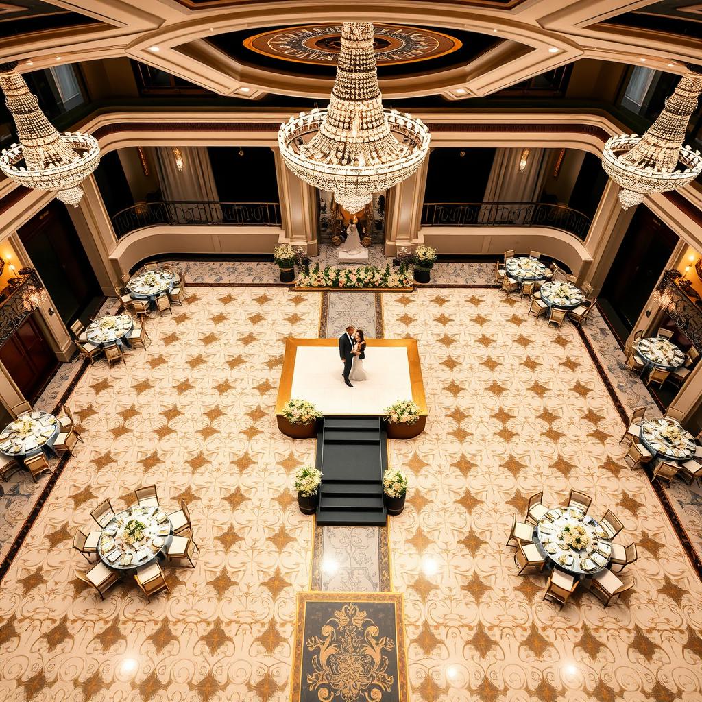 A luxurious wedding hall measuring 24 meters wide, 16 meters long, and 5 meters high, featuring an elegant patterned floor with a striking combination of white, black, and gold
