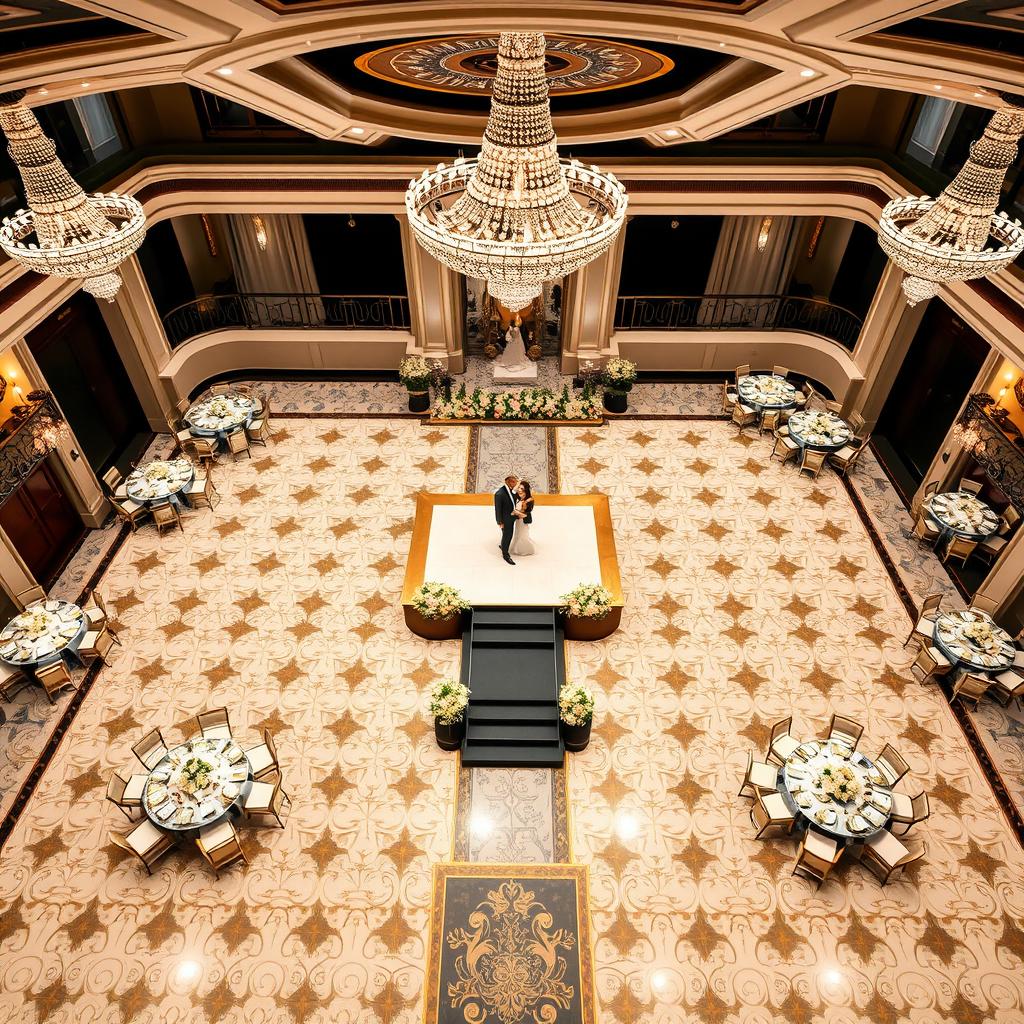 A luxurious wedding hall measuring 24 meters wide, 16 meters long, and 5 meters high, featuring an elegant patterned floor with a striking combination of white, black, and gold