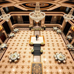 A luxurious wedding hall measuring 24 meters wide, 16 meters long, and 5 meters high, featuring an elegant patterned floor with a striking combination of white, black, and gold