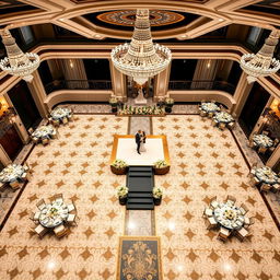 A luxurious wedding hall measuring 24 meters wide, 16 meters long, and 5 meters high, featuring an elegant patterned floor with a striking combination of white, black, and gold