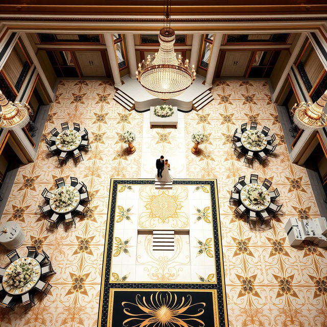 A luxurious wedding hall measuring 24 meters wide, 16 meters long, and 5 meters high, featuring an elegant patterned floor with a striking combination of white, black, and gold