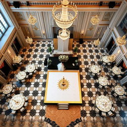 A luxurious wedding hall measuring 24 meters wide, 16 meters long, and 5 meters high, featuring an elegant patterned floor with a striking combination of white, black, and gold