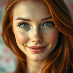 A stunning close-up portrait of a beautiful woman with striking features, showcasing smooth skin, vibrant green eyes, and flowing long red hair