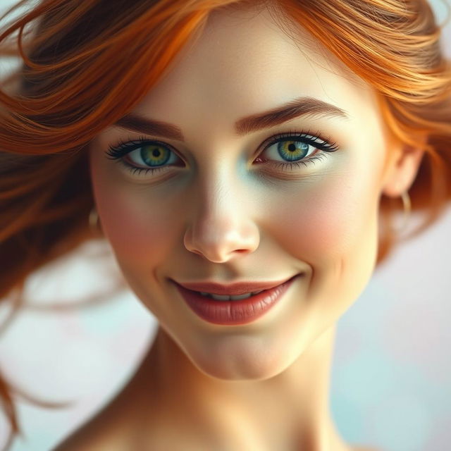 A stunning close-up portrait of a beautiful woman with striking features, showcasing smooth skin, vibrant green eyes, and flowing long red hair