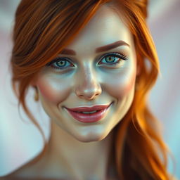A stunning close-up portrait of a beautiful woman with striking features, showcasing smooth skin, vibrant green eyes, and flowing long red hair