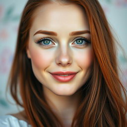 A stunning close-up portrait of a beautiful woman with striking features, showcasing smooth skin, vibrant green eyes, and flowing long red hair