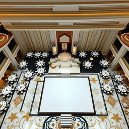 A luxurious wedding hall interior in 2024, featuring a spacious layout with dimensions: width 24 meters, length 16 meters, height 5 meters