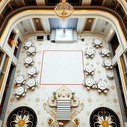 A luxurious wedding hall interior in 2024, featuring a spacious layout with dimensions: width 24 meters, length 16 meters, height 5 meters