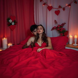 A romantic love room featuring red sheets on a bed, soft lighting creating an intimate atmosphere