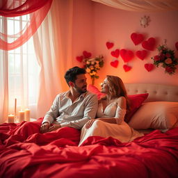 A romantic love room featuring red sheets on a bed, soft lighting creating an intimate atmosphere