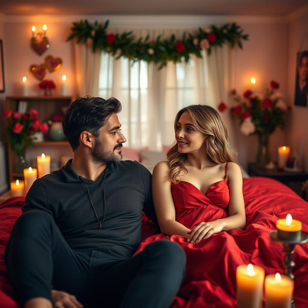 A romantic love room featuring red sheets on a bed, soft lighting creating an intimate atmosphere