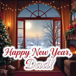 A beautifully stylized image to celebrate New Year's, featuring a warm, cozy home setting with festive decorations like a Christmas tree and sparkling lights