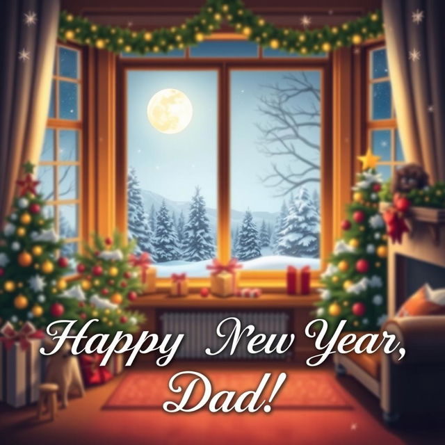 A beautifully stylized image to celebrate New Year's, featuring a warm, cozy home setting with festive decorations like a Christmas tree and sparkling lights