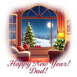 A beautifully stylized image to celebrate New Year's, featuring a warm, cozy home setting with festive decorations like a Christmas tree and sparkling lights