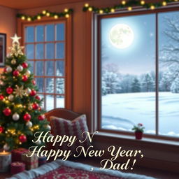 A beautifully stylized image to celebrate New Year's, featuring a warm, cozy home setting with festive decorations like a Christmas tree and sparkling lights