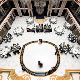 A luxurious wedding hall in 2024, featuring a spacious design with dimensions 24 meters wide, 16 meters long, and 5 meters high