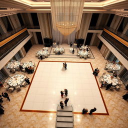 A luxurious wedding hall in 2024, featuring a spacious design with dimensions 24 meters wide, 16 meters long, and 5 meters high