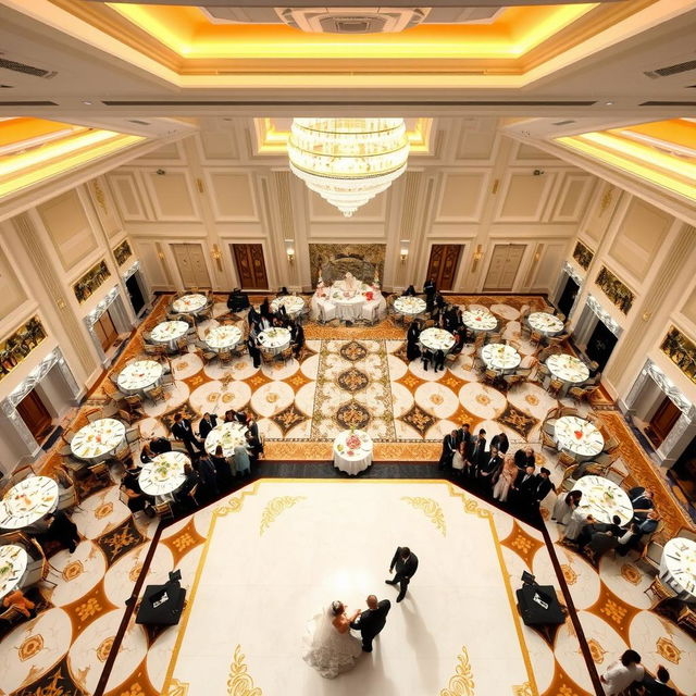 A luxurious wedding hall in 2024, featuring a spacious design with dimensions 24 meters wide, 16 meters long, and 5 meters high