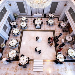 A luxurious wedding hall in 2024, featuring a spacious design with dimensions 24 meters wide, 16 meters long, and 5 meters high