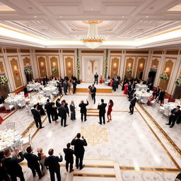 A luxurious wedding hall with dimensions: width 24 meters, length 16 meters, and height 5 meters