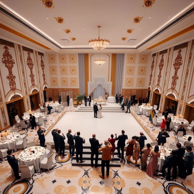 A luxurious wedding hall with dimensions: width 24 meters, length 16 meters, and height 5 meters