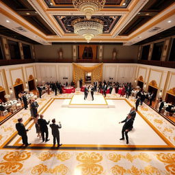 A luxurious wedding hall with dimensions: width 24 meters, length 16 meters, and height 5 meters