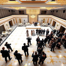 A luxurious wedding hall with dimensions: width 24 meters, length 16 meters, and height 5 meters