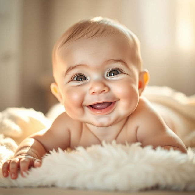 A stunning photograph of a baby, illuminated by powerful, soft light that creates a warm and inviting atmosphere