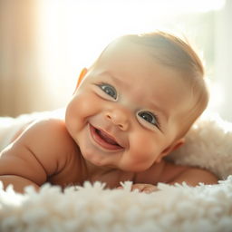 A stunning photograph of a baby, illuminated by powerful, soft light that creates a warm and inviting atmosphere