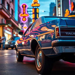 A classic 1979 Ford Taurus parked on a vibrant city street, showcasing its sleek lines and vintage chrome detailing
