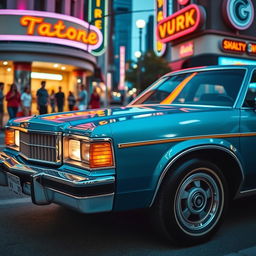 A classic 1979 Ford Taurus parked on a vibrant city street, showcasing its sleek lines and vintage chrome detailing