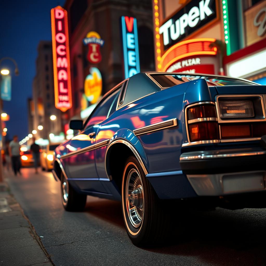 A classic 1979 Ford Taurus parked on a vibrant city street, showcasing its sleek lines and vintage chrome detailing