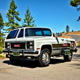A beautifully restored 1988 GMC Envoy parked in a scenic outdoor setting