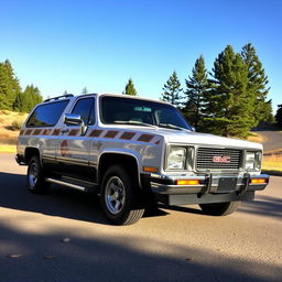 A beautifully restored 1988 GMC Envoy parked in a scenic outdoor setting