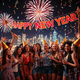 A vibrant and festive New Year's celebration, filled with colorful decorations and joyful people