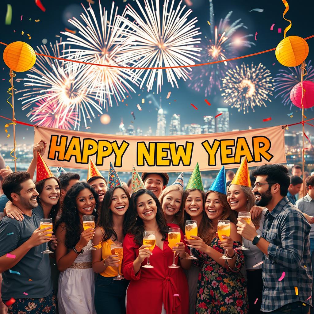 A vibrant and festive New Year's celebration, filled with colorful decorations and joyful people