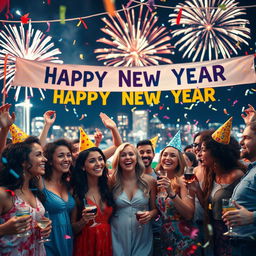 A vibrant and festive New Year's celebration, filled with colorful decorations and joyful people