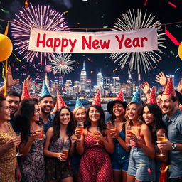 A vibrant and festive New Year's celebration, filled with colorful decorations and joyful people