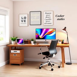 An aesthetically pleasing home office setup featuring modern essentials: a sleek wooden desk with a minimalist design, a comfortable ergonomic chair, a large computer monitor displaying a vibrant desktop wallpaper, a stylish laptop, a cozy potted plant on the desk, stationery items including a notebook and colorful pens, a warm desk lamp with a contemporary design, and wall decor featuring motivational quotes in elegant typography