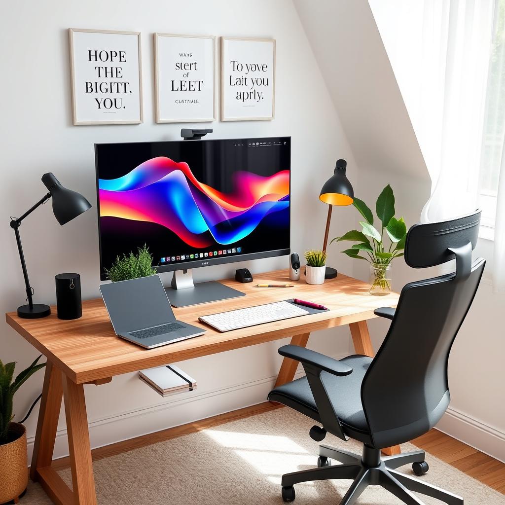 An aesthetically pleasing home office setup featuring modern essentials: a sleek wooden desk with a minimalist design, a comfortable ergonomic chair, a large computer monitor displaying a vibrant desktop wallpaper, a stylish laptop, a cozy potted plant on the desk, stationery items including a notebook and colorful pens, a warm desk lamp with a contemporary design, and wall decor featuring motivational quotes in elegant typography