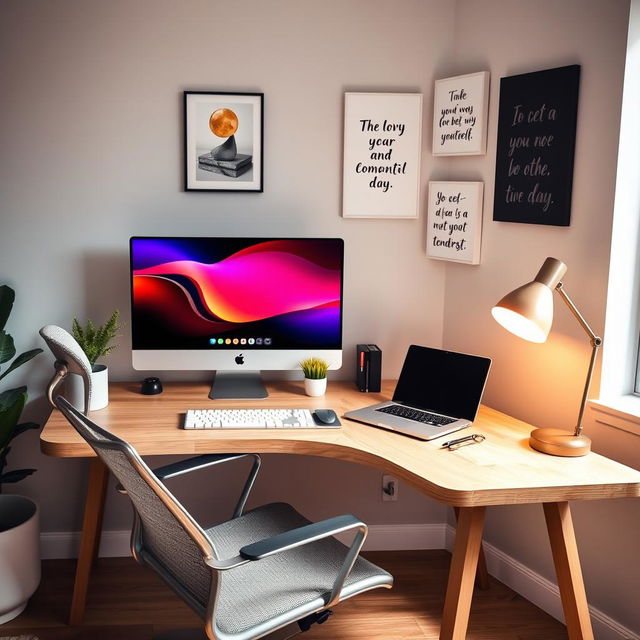 An aesthetically pleasing home office setup featuring modern essentials: a sleek wooden desk with a minimalist design, a comfortable ergonomic chair, a large computer monitor displaying a vibrant desktop wallpaper, a stylish laptop, a cozy potted plant on the desk, stationery items including a notebook and colorful pens, a warm desk lamp with a contemporary design, and wall decor featuring motivational quotes in elegant typography