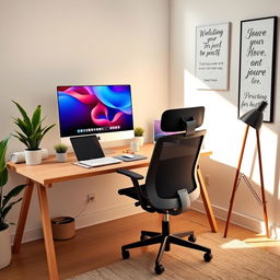 An aesthetically pleasing home office setup featuring modern essentials: a sleek wooden desk with a minimalist design, a comfortable ergonomic chair, a large computer monitor displaying a vibrant desktop wallpaper, a stylish laptop, a cozy potted plant on the desk, stationery items including a notebook and colorful pens, a warm desk lamp with a contemporary design, and wall decor featuring motivational quotes in elegant typography