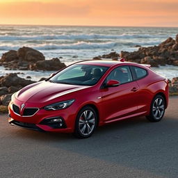 A 2020 Pontiac Sunfire GT parked on a scenic coastline, showcasing its sleek design and vibrant red paint