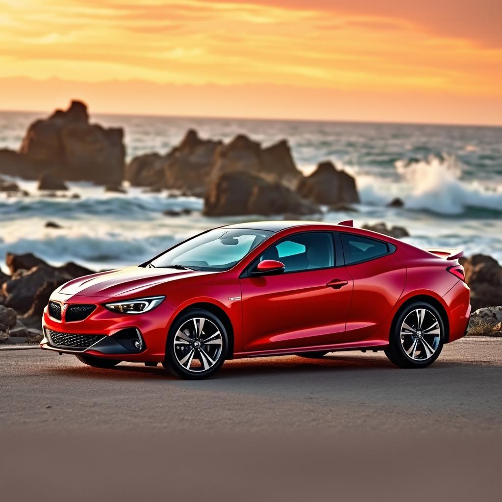 A 2020 Pontiac Sunfire GT parked on a scenic coastline, showcasing its sleek design and vibrant red paint