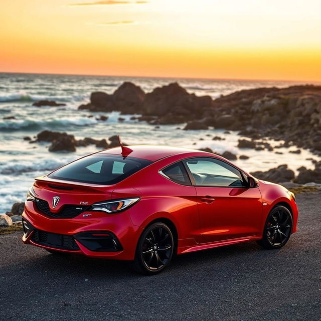 A 2020 Pontiac Sunfire GT parked on a scenic coastline, showcasing its sleek design and vibrant red paint