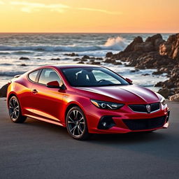 A 2020 Pontiac Sunfire GT parked on a scenic coastline, showcasing its sleek design and vibrant red paint