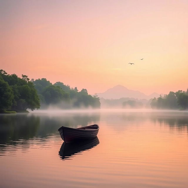 A serene and tranquil landscape at dawn, featuring a calm lake surrounded by lush green trees