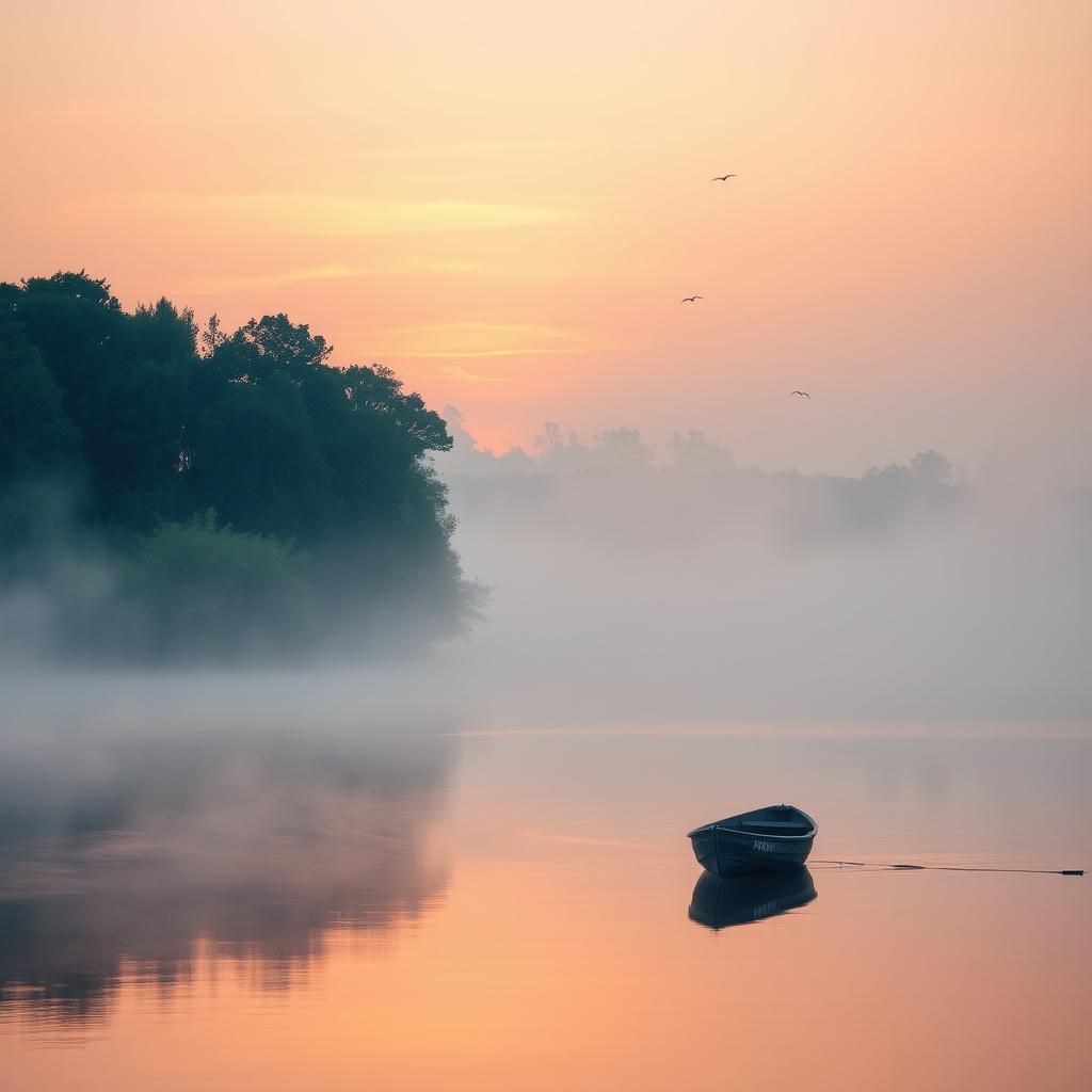 A serene and tranquil landscape at dawn, featuring a calm lake surrounded by lush green trees