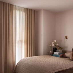 A chic bedroom with short walls and a single, small window. The room radiates warmth and style, styled with elegant furnishings, crisp linens and soft lighting.